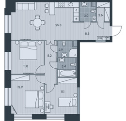 Планировка 4+ комнате(квартира) площадью 82.9 квадратных метров в ЖК “Ever (Эвер)”