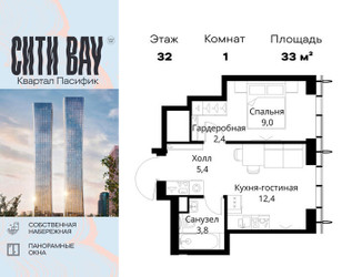 Планировка однокомнатной(квартира) площадью 33 квадратных метров в ЖК “ЖК Сити Бэй”