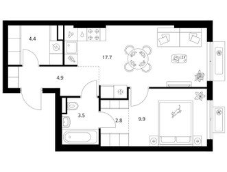 Планировка однокомнатной(квартира) площадью 42.6 квадратных метров в ЖК “ЖК Ильинские луга”