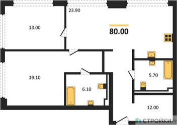 Планировка двухкомнатной(квартира) площадью 80 квадратных метров в ЖК “ЖК СТОУН Грэйн”