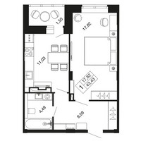 Планировка однокомнатной(квартира) площадью 43.4 квадратных метров в “ЖК Времена года”