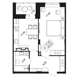 Планировка однокомнатной(квартира) площадью 43.4 квадратных метров в ЖК “ЖК Времена года”