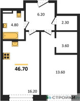 Планировка однокомнатной(квартира) площадью 46.7 квадратных метров в “ЖК STONE Sokolniki (Сокольники)”