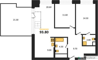 Планировка двухкомнатной(квартира) площадью 93.8 квадратных метров в ЖК “ЖК Мираполис”