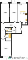 Планировка трехкомнатной(квартира) площадью 71.33 квадратных метров в “ЖК Новотомилино”
