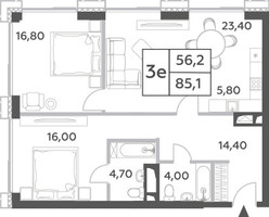 Планировка трехкомнатной(квартира) площадью 85.1 квадратных метров в “ЖК Will Towers (Вилл Тауэрс)”