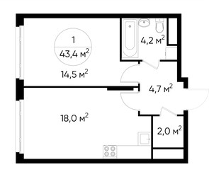 Планировка однокомнатной(квартира) площадью 43.4 квадратных метров в ЖК “ЖК Переделкино Ближнее”
