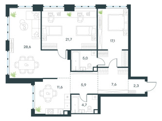 Планировка трехкомнатной(квартира) площадью 104.5 квадратных метров в ЖК “ЖК Левел Южнопортовая”