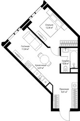 Планировка однокомнатной(квартира) площадью 42.56 квадратных метров в ЖК “ЖК Джойс”