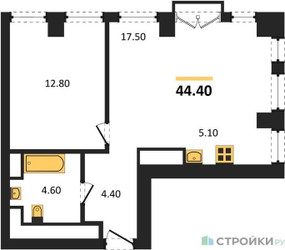Планировка однокомнатной(апартаменты) площадью 44.4 квадратных метров в “ЖК Emotion (Эмоушен)”