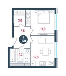 Планировка однокомнатной(квартира) площадью 36 квадратных метров в ЖК “ЖК РУСИЧ-Кантемировский”
