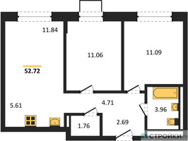 Планировка двухкомнатной(квартира) площадью 52.72 квадратных метров в “ЖК Квартал Западный”