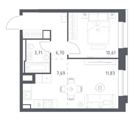 Планировка однокомнатной(квартира) площадью 40.54 квадратных метров в ЖК “ЖК Верейская 41”