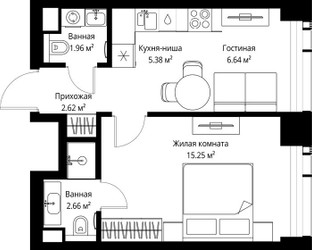 Планировка однокомнатной(квартира) площадью 34.51 квадратных метров в ЖК “ЖК Веер”