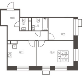 Планировка двухкомнатной(квартира) площадью 58 квадратных метров в ЖК “ЖК Новая Ивантеевка”