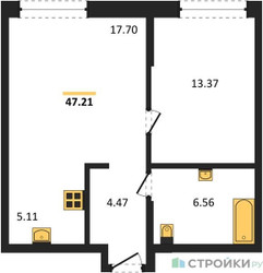 Планировка однокомнатной(квартира) площадью 47.21 квадратных метров в ЖК “ЖК EvoPark Сокольники”