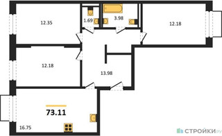 Планировка трехкомнатной(квартира) площадью 73.11 квадратных метров в “ЖК Квартал Домашний”
