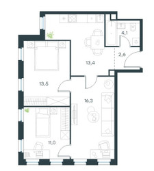 Планировка трехкомнатной(квартира) площадью 60.9 квадратных метров в ЖК “ЖК Level Селигерская”