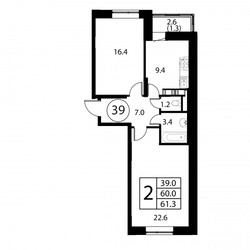 Планировка двухкомнатной(квартира) площадью 61.3 квадратных метров в ЖК “ЖК Космос”