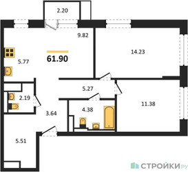 Планировка двухкомнатной(квартира) площадью 61.9 квадратных метров в ЖК “ЖК Пригород Лесное”