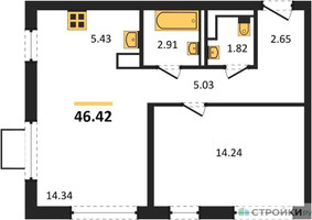 Планировка однокомнатной(квартира) площадью 46.42 квадратных метров в “ЖК Пригород Лесное”