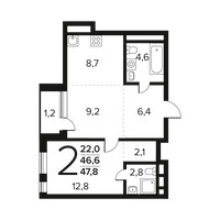 Планировка двухкомнатной(квартира) площадью 47.8 квадратных метров в “Новые Ватутинки. Заречный”