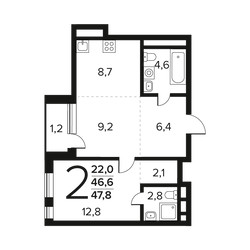 Планировка двухкомнатной(квартира) площадью 47.8 квадратных метров в ЖК “Новые Ватутинки. Заречный”