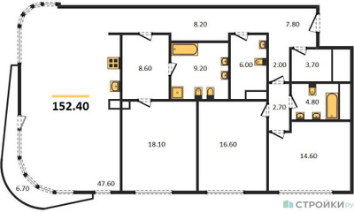 Планировка трехкомнатной(квартира) площадью 152.4 квадратных метров в ЖК “ЖК Лаврушинский”