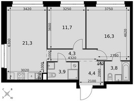 Планировка трехкомнатной(квартира) площадью 65.7 квадратных метров в “ЖК Симоновский вал”