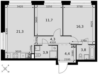 Планировка трехкомнатной(квартира) площадью 65.7 квадратных метров в ЖК “ЖК Симоновский вал”