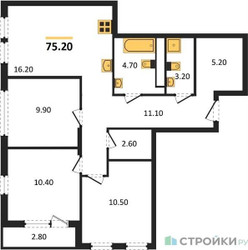Планировка трехкомнатной(квартира) площадью 75.2 квадратных метров в ЖК “ЖК Южные сады”