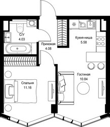 Планировка однокомнатной(квартира) площадью 35.69 квадратных метров в ЖК “Дом премиум-класса МИРА”
