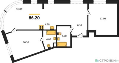 Планировка двухкомнатной(квартира) площадью 86.2 квадратных метров в ЖК “ЖК Родина Переделкино”