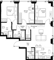 Планировка трехкомнатной(квартира) площадью 77.43 квадратных метров в “ЖК СЕТ”