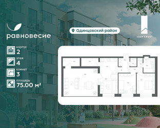 Планировка трехкомнатной(квартира) площадью 75 квадратных метров в ЖК “ЖК Равновесие”
