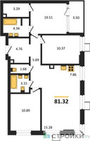 Планировка трехкомнатной(квартира) площадью 81.3 квадратных метров в “ЖК Квартал Тетрис”