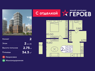Планировка двухкомнатной(квартира) площадью 34.3 квадратных метров в ЖК “ЖК Героев”
