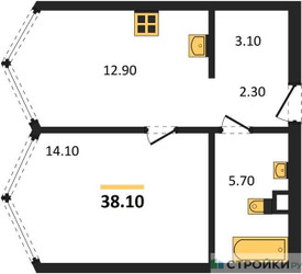 Планировка однокомнатной(квартира) площадью 38.1 квадратных метров в ЖК “Акценты”