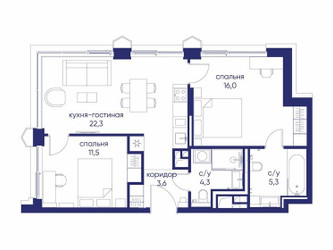 Планировка двухкомнатной(квартира) площадью 63.02 квадратных метров в ЖК “ЖК Остров”