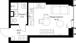 Планировка студии(квартира) площадью 23.4 квадратных метров в “ЖК Веер”