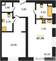 Планировка однокомнатной(апартаменты) площадью 47.74 квадратных метров в “ЖК N’ICE LOFT (Найс Лофт)”