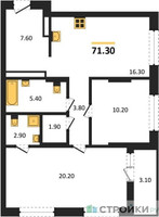 Планировка двухкомнатной(квартира) площадью 71.3 квадратных метров в “ЖК Первый квартал”