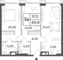 Планировка трехкомнатной(квартира) площадью 80.8 квадратных метров в “ЖК Will Towers (Вилл Тауэрс)”