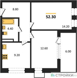 Планировка двухкомнатной(квартира) площадью 52.3 квадратных метров в ЖК “ЖК Бунинские кварталы”