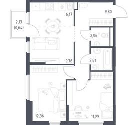 Планировка двухкомнатной(квартира) площадью 55.61 квадратных метров в ЖК “ЖК Остафьево”