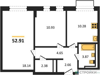 Планировка двухкомнатной(квартира) площадью 52.91 квадратных метров в “ЖК Квартал Западный”
