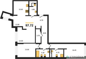 Планировка трехкомнатной(квартира) площадью 97.72 квадратных метров в “ЖК Маршал”