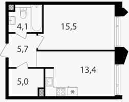 Планировка однокомнатной(квартира) площадью 43.7 квадратных метров в “ЖК Петровский парк II”