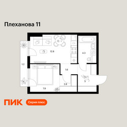 Планировка однокомнатной(квартира) площадью 35.6 квадратных метров в ЖК “ЖК Плеханова 11”