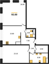 Планировка двухкомнатной(квартира) площадью 92 квадратных метров в ЖК “AFI Tower (Афи Тауэр)”
